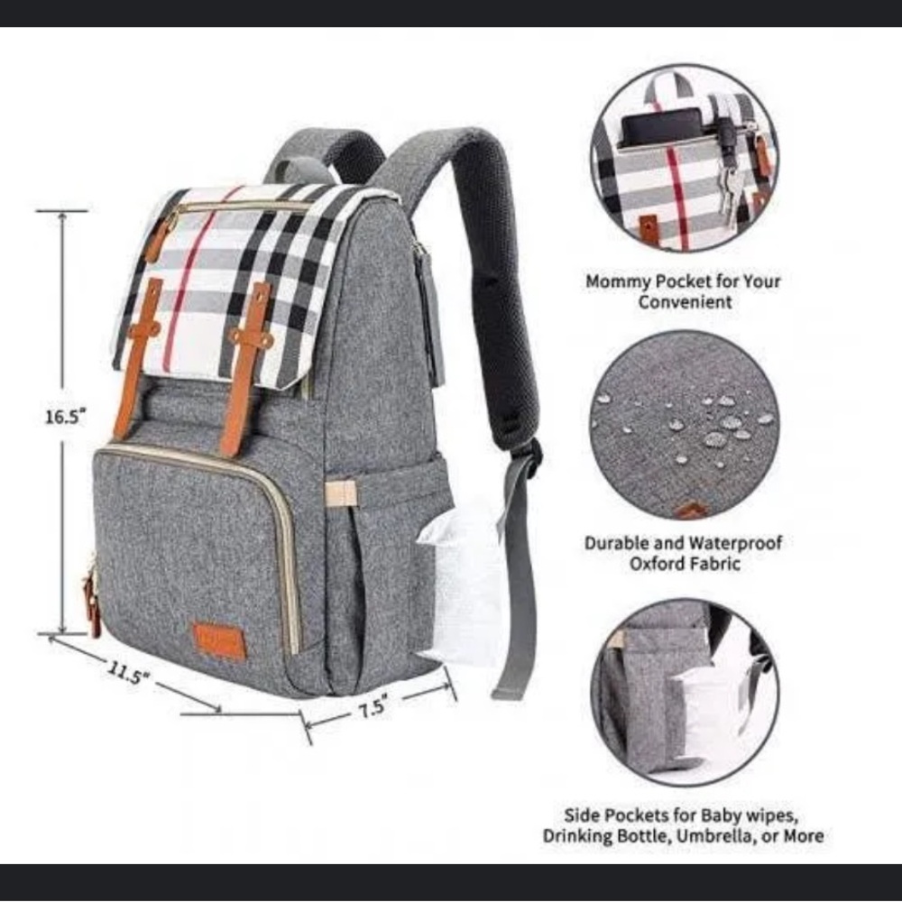 Espidoo Diaper Bag Stylish Gray Backpack with Tan Accents - Picture 6 of 10